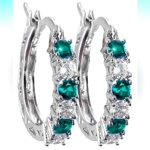 Silver Hoop Earrings With Green gemstones